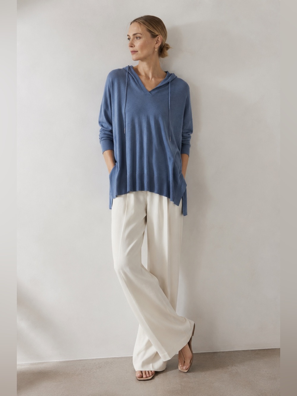 Lafayette 148 Blue Hooded Cotton Viscose Tunic Sweater M